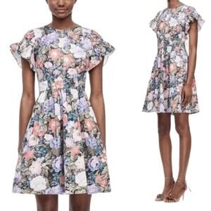 Rebecca Taylor Penelope Dress Floral Print Open Tie Back Ruffle